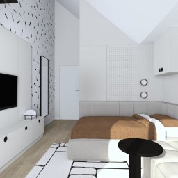 2 RAZY K - Wizualizacja minimalistycznej sypialni w bieli z akcentami czerni i brązu. Ściana z telewizorem, łóżko z tapicerowanym wezgłowiem, grafika na ścianie. Nowoczesny design.
