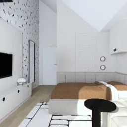 Wizualizacja minimalistycznej sypialni w bieli z akcentami czerni i brązu. Ściana z telewizorem, łóżko z tapicerowanym wezgłowiem, grafika na ścianie. Nowoczesny design.