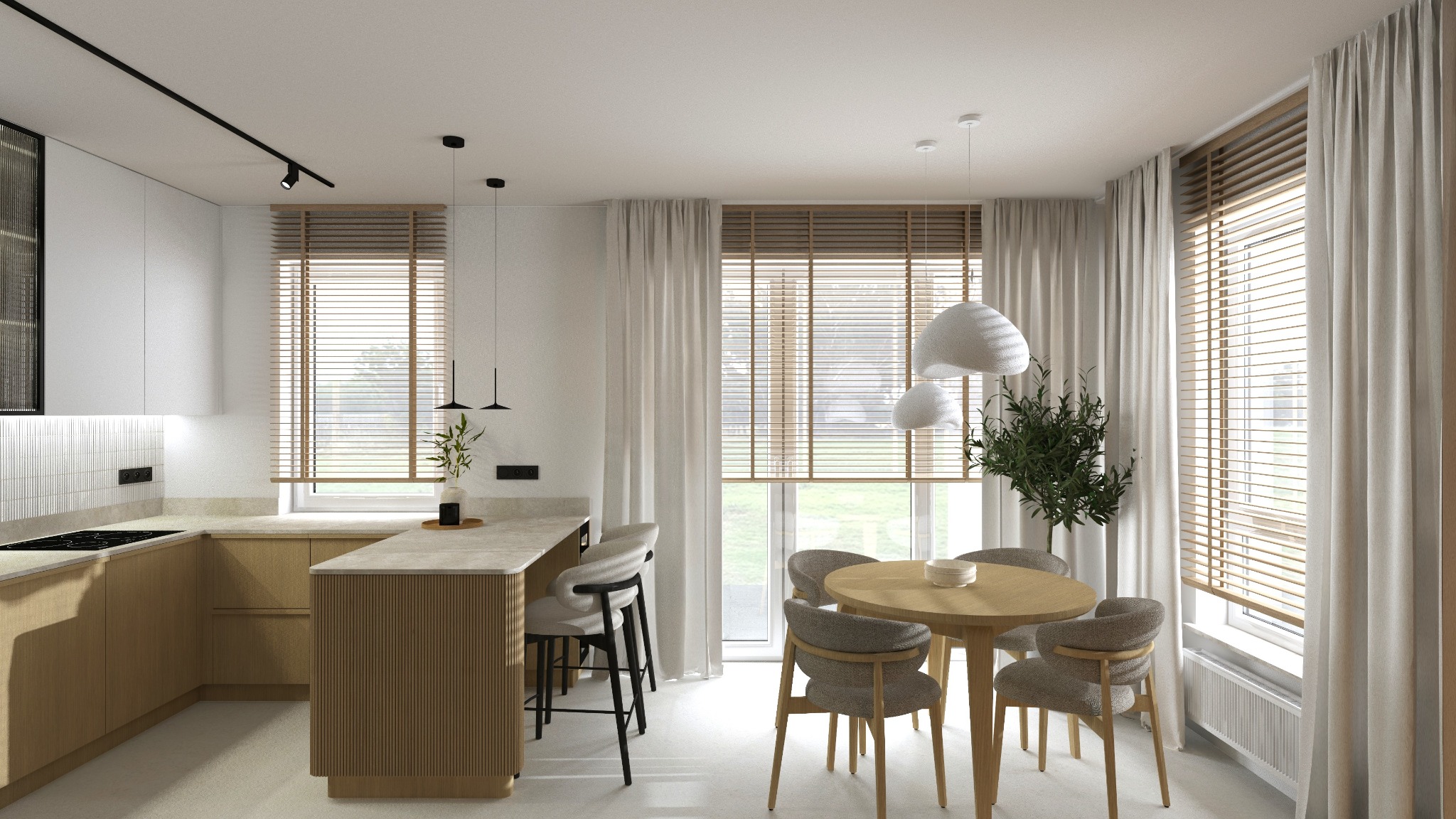 Jasna kuchnia z wyspą i okrągłym stołem w Gdańsku. Minimalistyczny design, drewniane żaluzje i białe zasłony. Nowoczesne oświetlenie i subtelna roślinność.