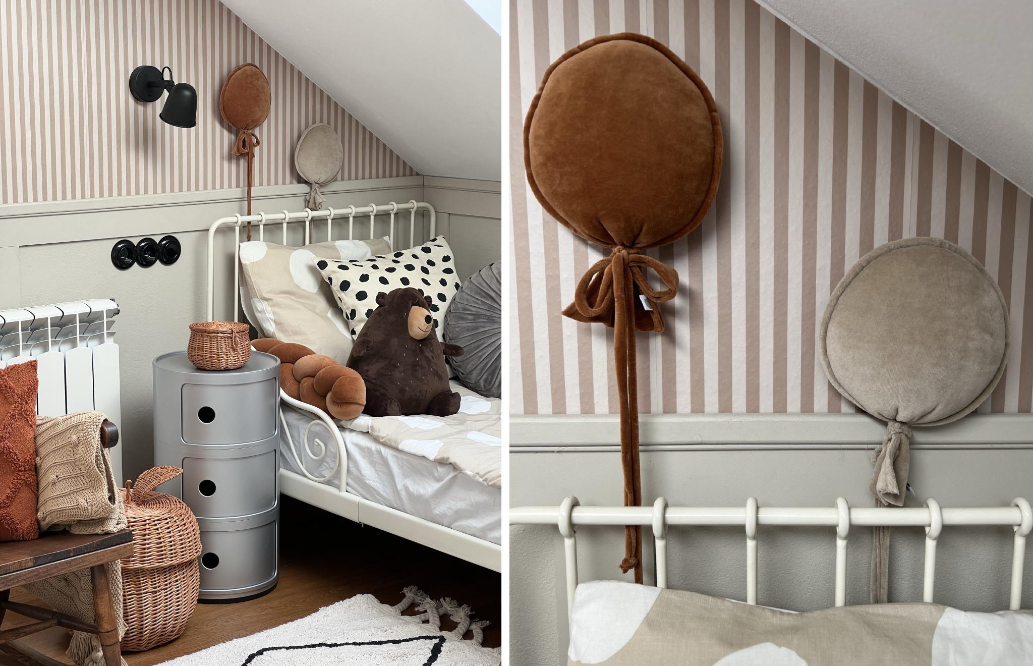 Pokój dziecięcy na poddaszu: białe łóżko, paski na ścianie, pluszowy miś i poduszki w kształcie balonów. Przytulna aranżacja z subtelnymi dekoracjami.