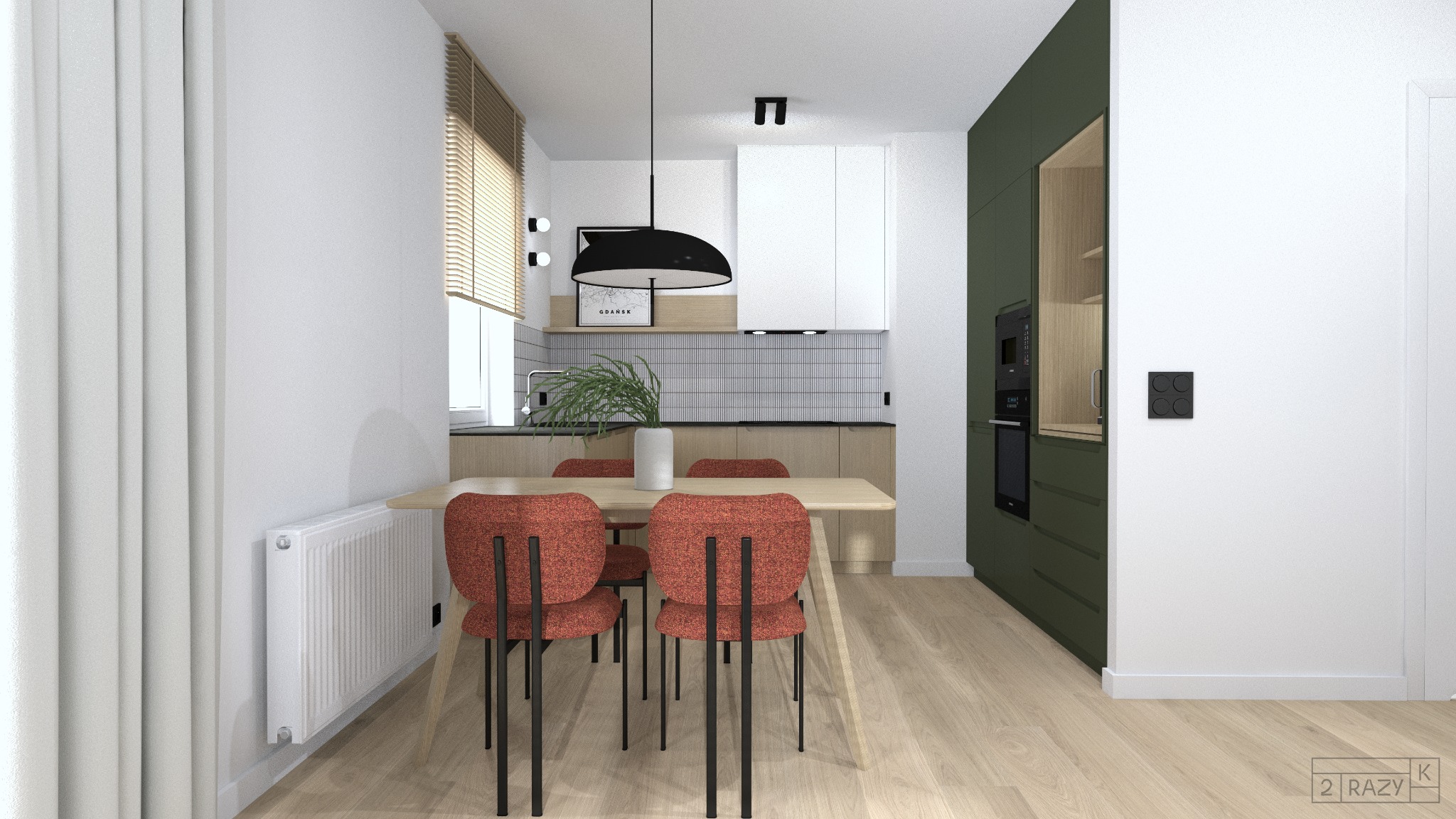 Wnętrze kuchni z jadalnią w nowoczesnym stylu. Na pierwszym planie stół z krzesłami w odcieniach czerwieni. W tle zabudowa kuchenna w odcieniach bieli, beżu i zieleni.
