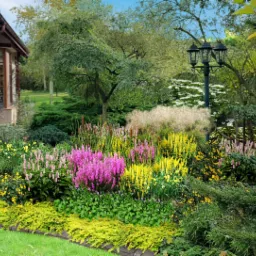 Bogata kompozycja roślinna przed domem z kwitnącymi kępami różowych, żółtych i białych kwiatów, ozdobnymi trawami i formowanymi krzewami iglastymi, oświetlona klasyczną latarnią.