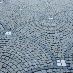 Ułożona kostka granitowa w szarych odcieniach, wzór wachlarzowy z ciemniejszymi obwódkami i jasnymi, kwadratowymi akcentami.