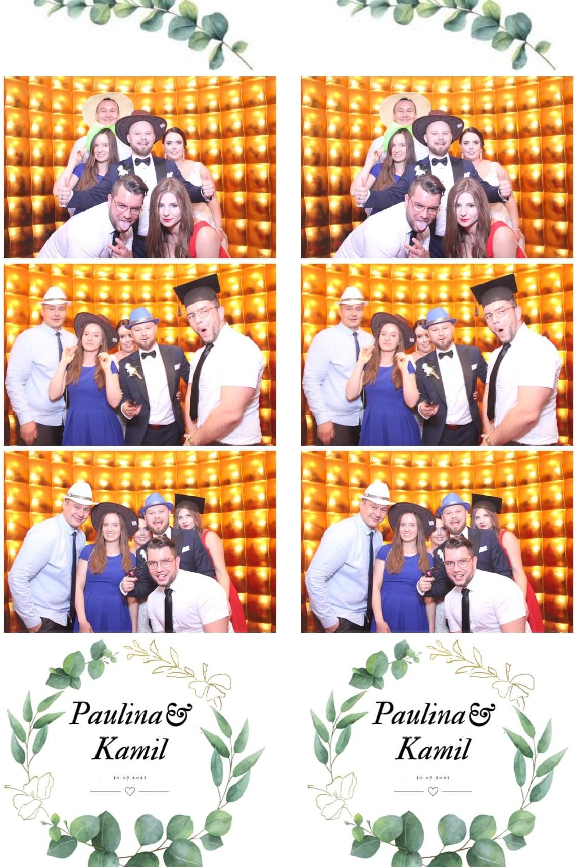 Seria czterech zdjęć z fotobudki, przedstawiających grupę osób w przebraniach na tle złotej ściany, z dodanym na dole szablonem graficznym z imionami 'Paulina & Kamil' i datą ślubu.