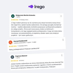 IREGO - Opinie klientów o firmie Irego, specjalizującej się w tworzeniu stron internetowych. Pozytywne recenzje podkreślają profesjonalizm i zadowolenie z efektów.