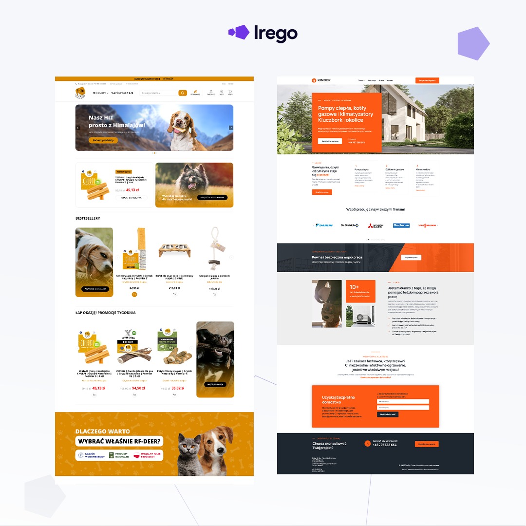 Kompozycja dwóch zrzutów ekranu stron internetowych: sklep internetowy z artykułami dla zwierząt i strona firmy instalującej pompy ciepła, kotły i klimatyzatory, z wyraźnym brandingiem i układem...