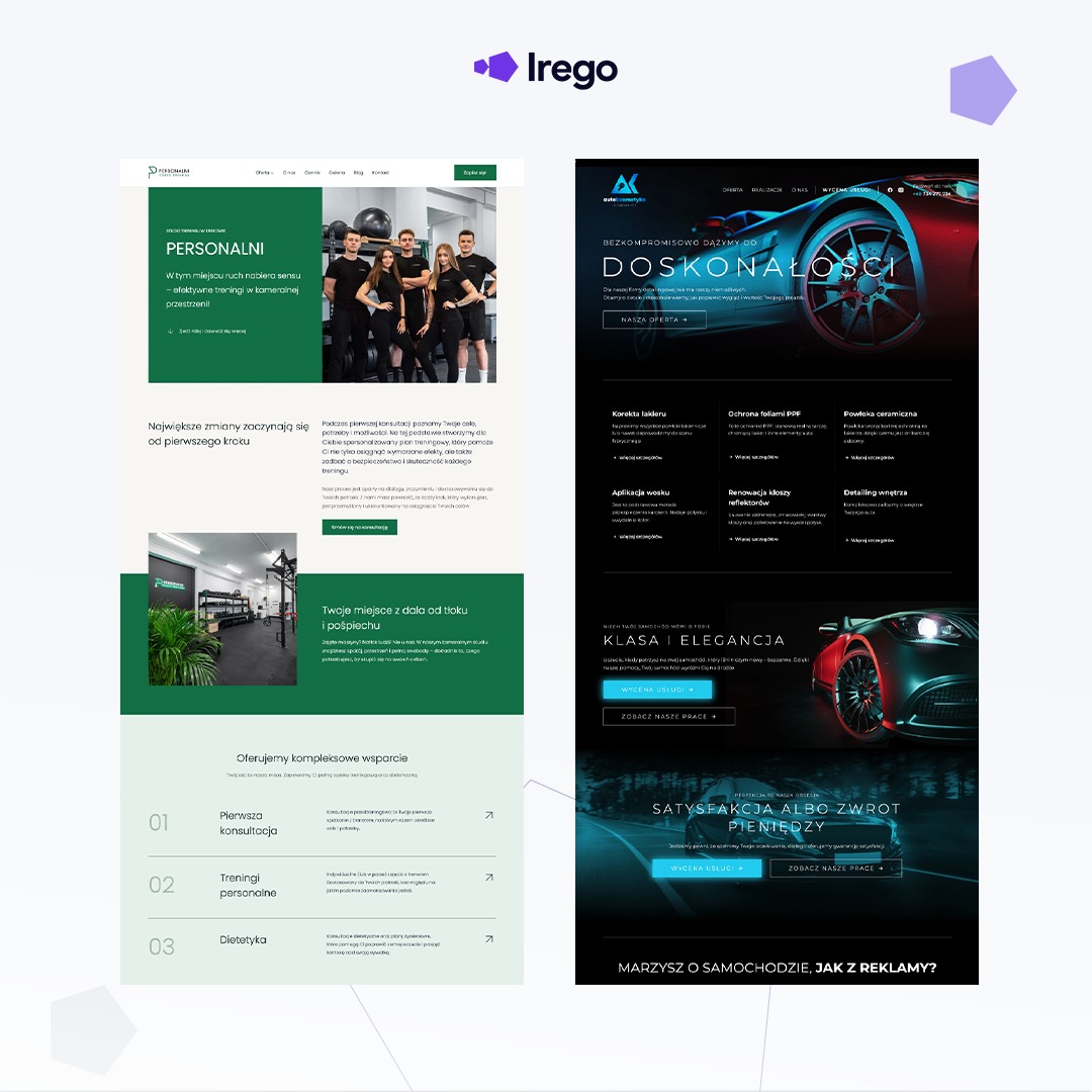 Zrzut ekranu strony internetowej firmy Irego, prezentującej usługi personalnych treningów oraz detailingu samochodowego, z zielono-białym designem dla treningów i czarno-czerwonym dla detailingu.