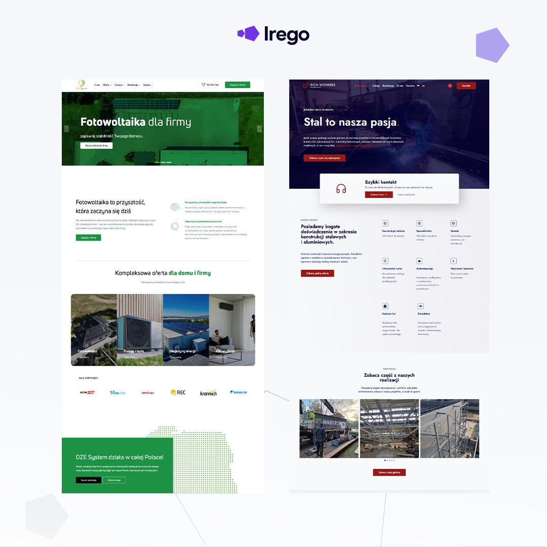 Zrzut ekranu strony internetowej firmy Irego prezentującej ofertę fotowoltaiki dla firm i konstrukcji stalowych, z widocznymi elementami interfejsu użytkownika, logo firmy oraz zdjęciami realizacji.