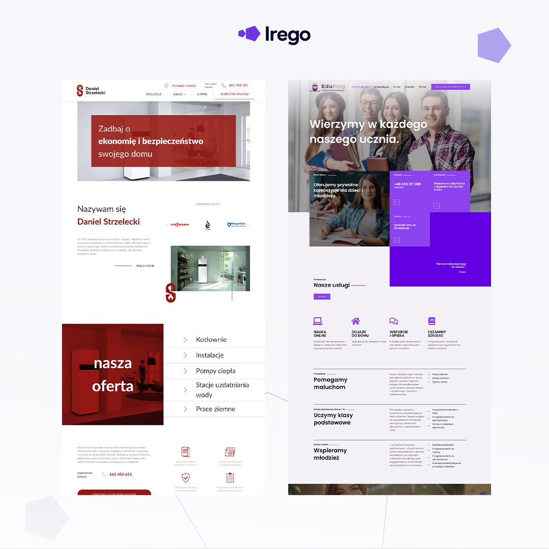 Dwa ekrany laptopów prezentujące strony internetowe firm z branży instalacyjnej i edukacyjnej, z widocznymi elementami nawigacyjnymi, grafiką oraz treścią.