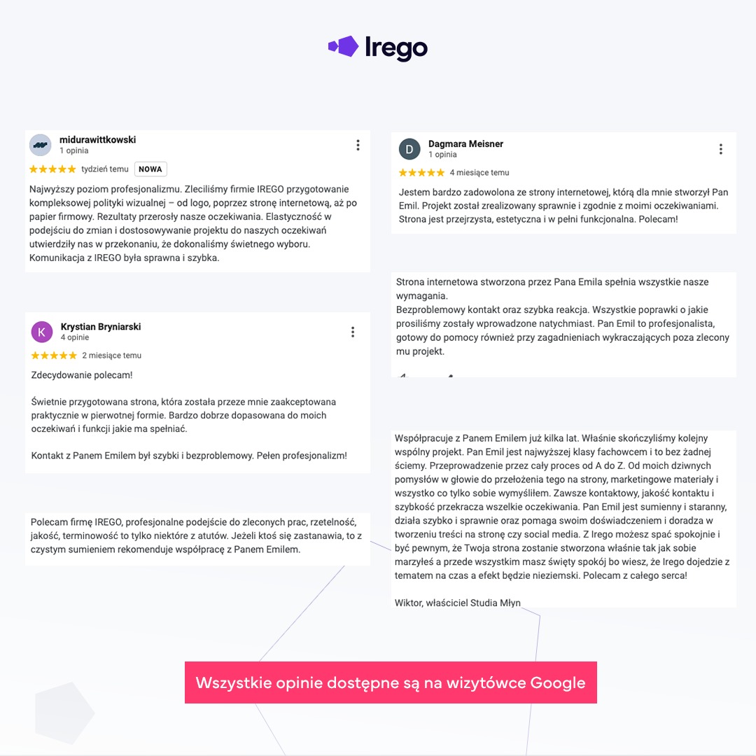 Zrzut ekranu z opiniami klientów o firmie IREGO, chwalących przygotowanie strony internetowej, profesjonalizm, elastyczność i sprawną komunikację.