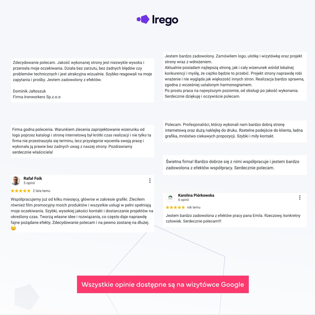 Zrzut ekranu z opiniami klientów o firmie Irego, chwalących jakość wykonanych stron internetowych, wizerunku i obsługi, z logo firmy w górnej części.