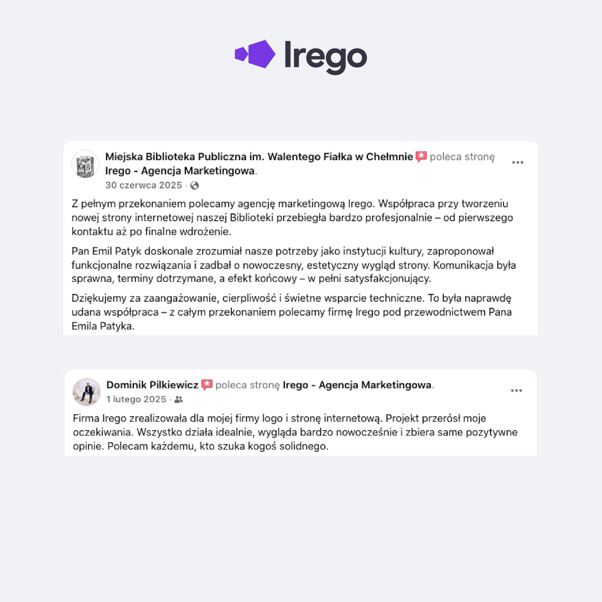 Opinie klientów o agencji marketingowej Irego, polecających ich za stworzenie strony internetowej i logo. Pozytywne rekomendacje od Miejskiej Biblioteki Publicznej i klienta indywidualnego.