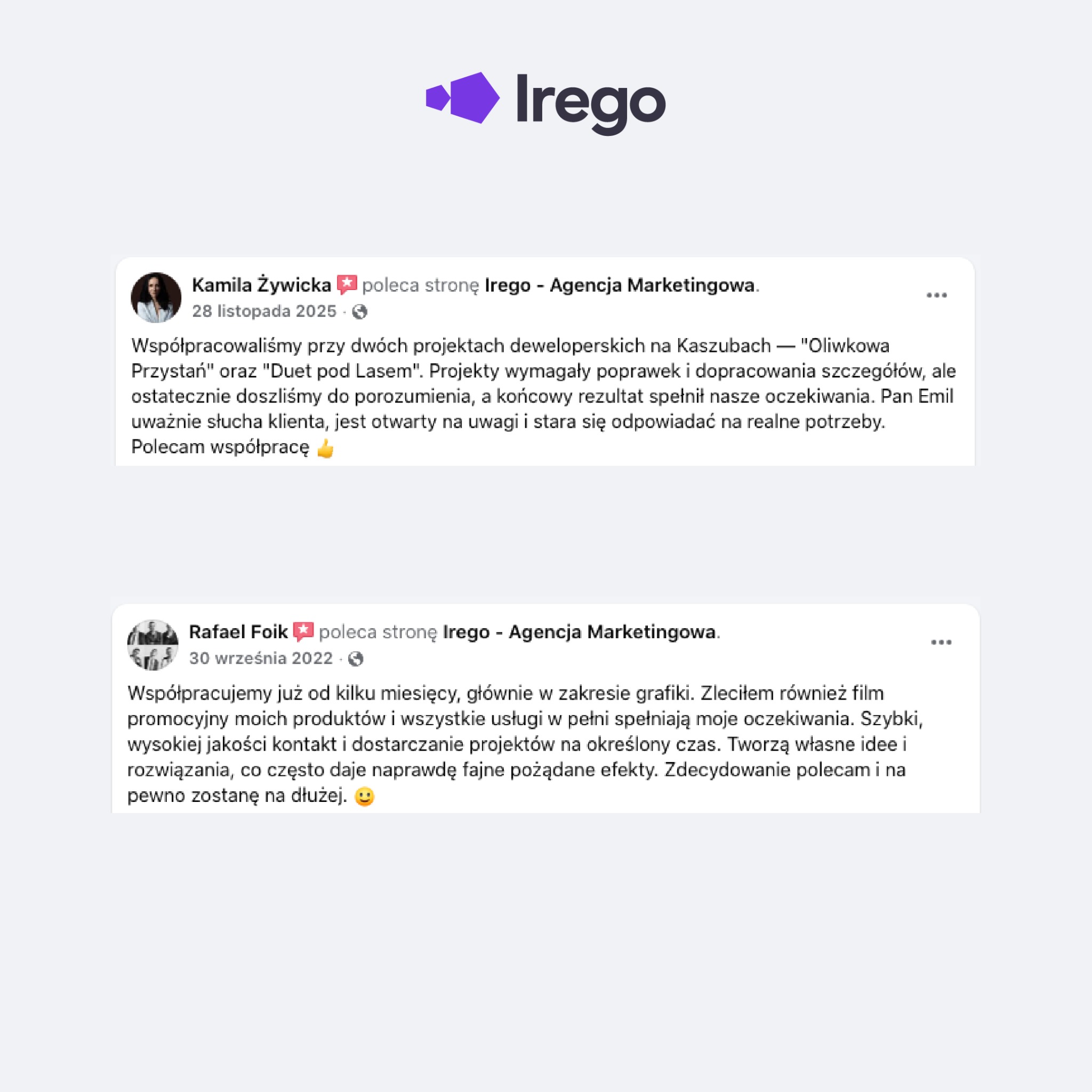 Opinie klientów o agencji marketingowej Irego, widoczne na zrzucie ekranu z platformy społecznościowej. Pozytywne rekomendacje podkreślają współpracę i efekty.