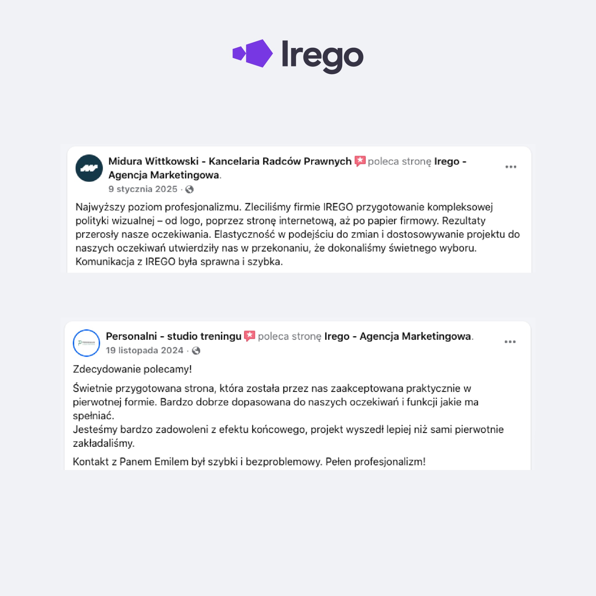 Opinie klientów o agencji marketingowej Irego, chwalącej kompleksową politykę wizualną i świetnie przygotowaną stronę internetową. Rekomendacje z Facebooka.