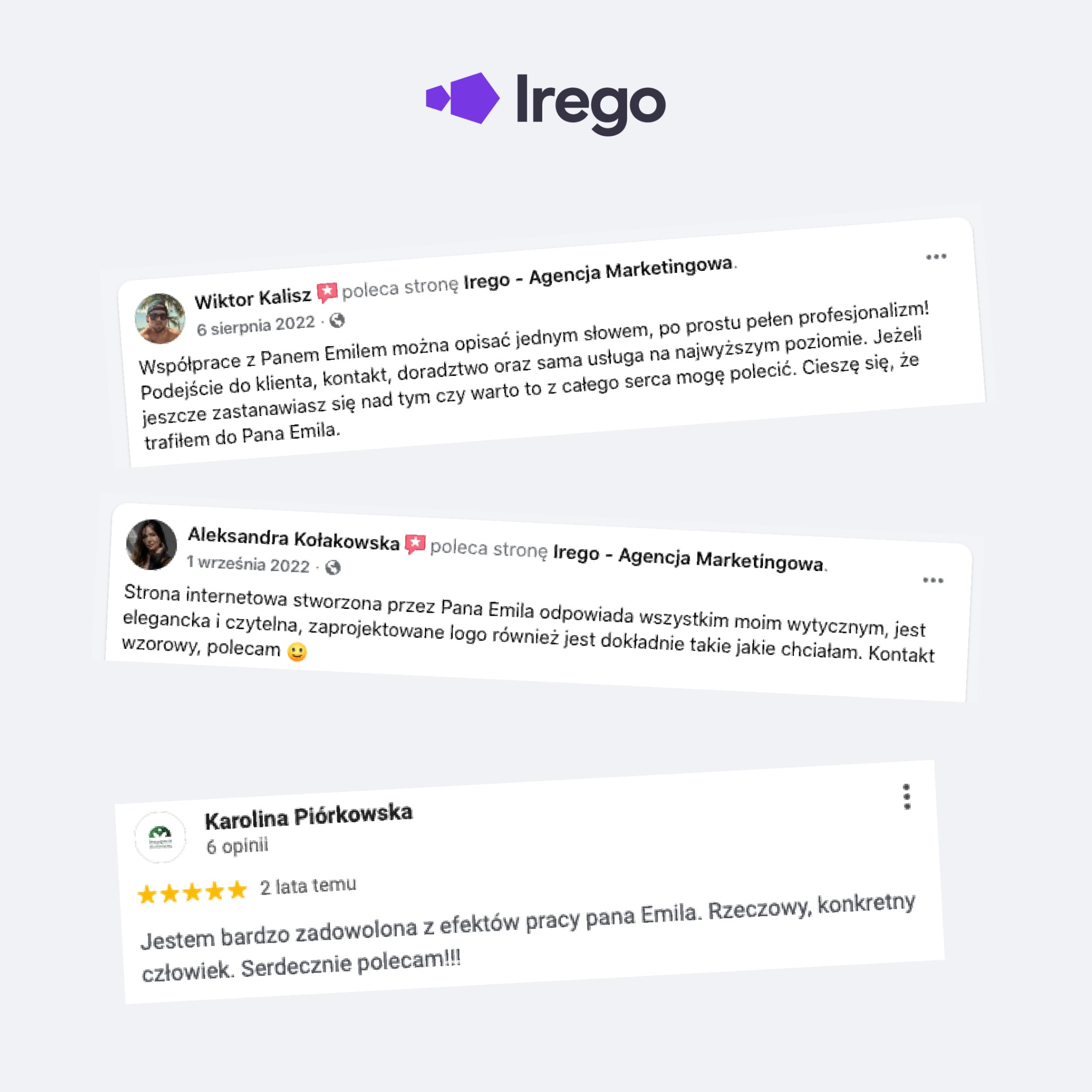 Opinie klientów o agencji marketingowej Irego, chwalący profesjonalizm, kontakt i efekty pracy, w tym elegancką i czytelną stronę internetową oraz zaprojektowane logo.