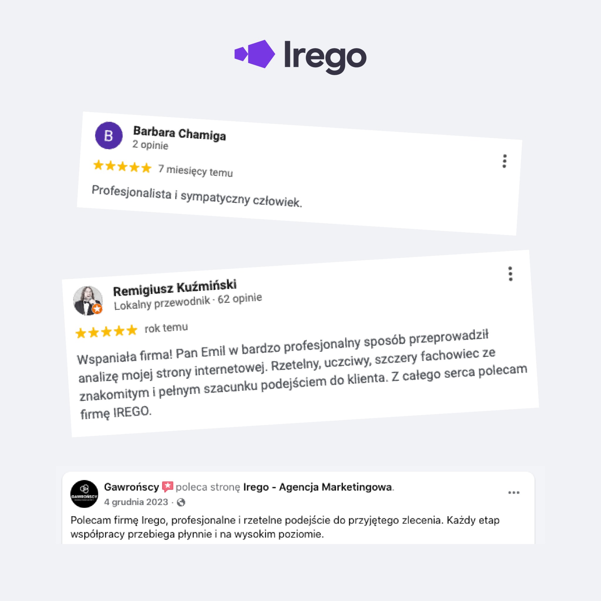 Opinie klientów o firmie Irego, w tym recenzje z gwiazdkami i pozytywne komentarze dotyczące profesjonalizmu i rzetelności. Prezentacja rekomendacji.