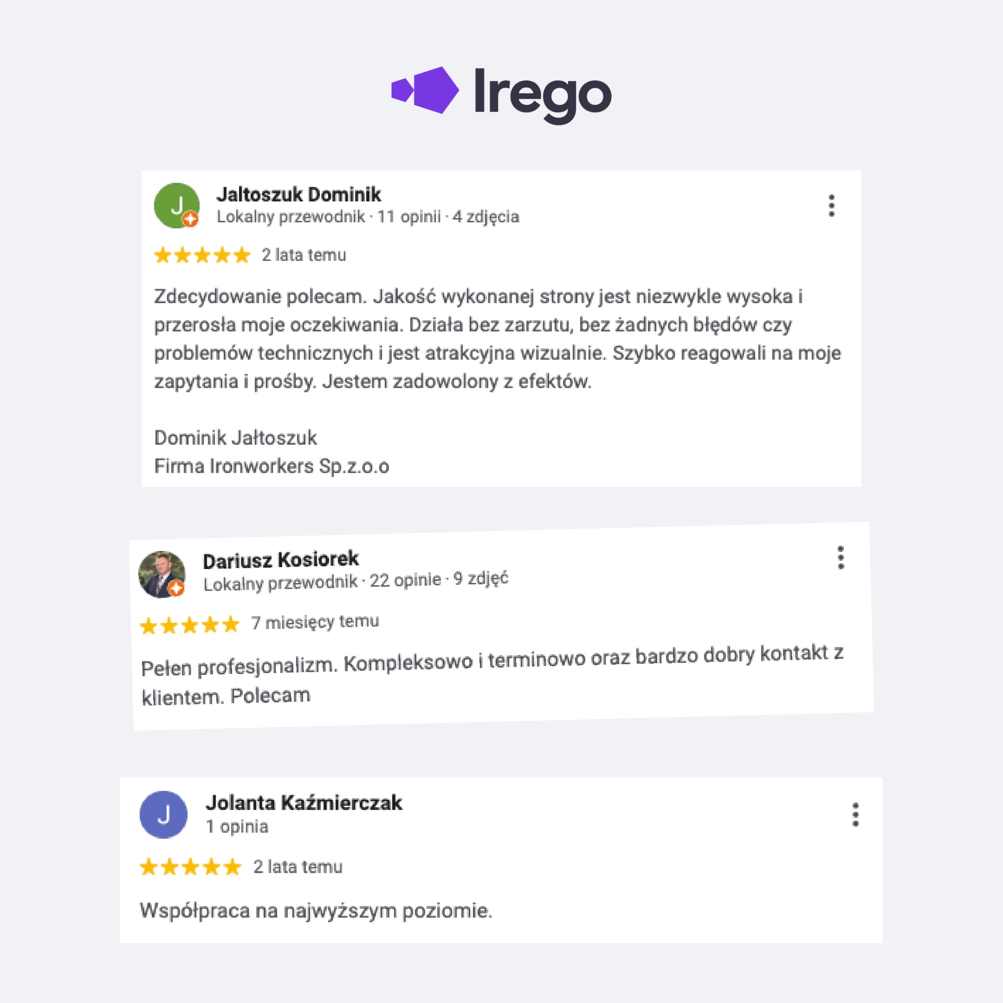 Opinie klientów o firmie Irego, chwalących jakość wykonanych stron internetowych, profesjonalizm i kontakt. Prezentacja pozytywnych recenzji.