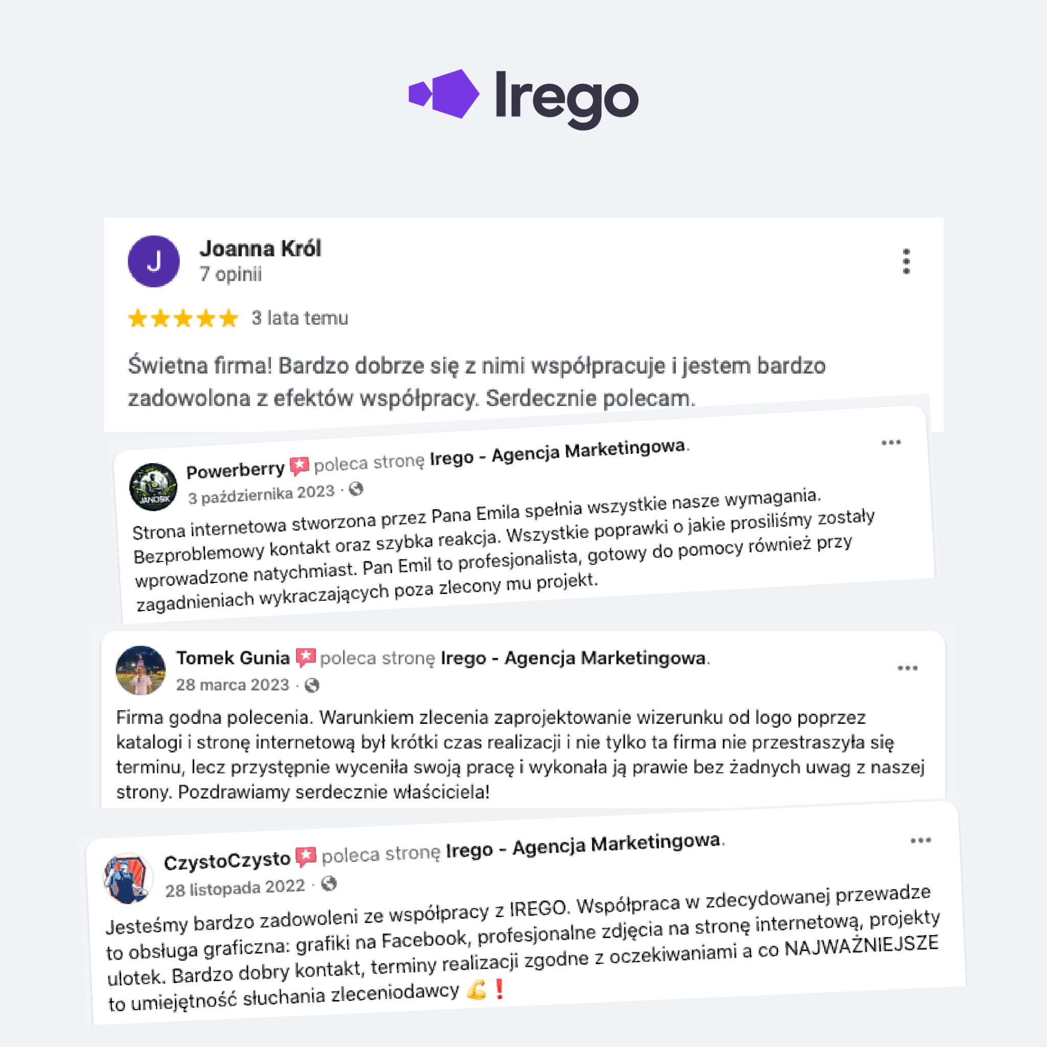 Opinie klientów o agencji marketingowej Irego, zadowolenie ze współpracy, obsługa graficzna, profesjonalne zdjęcia na stronę internetową i projekty ulotek.