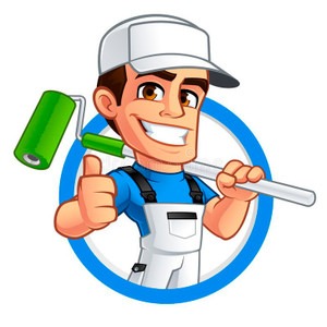 Karykatura uśmiechniętego malarza w białym kombinezonie i czapce, trzymającego wałek do malowania z zielonym wkładem na ramieniu, pokazującego kciuk w górę na tle niebieskiego okręgu.