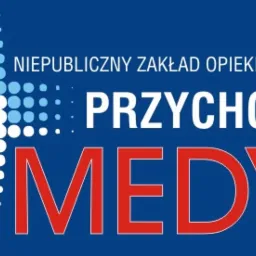 Logo Niepublicznego Zakładu Opieki Zdrowotnej Przychodnia Medyk, z niebieskim tłem, białym krzyżem utworzonym z kropek i czerwonym napisem MEDYK.