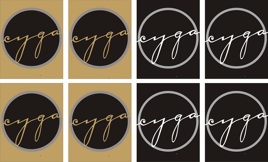 Kolaż ośmiu wariantów okrągłego logotypu z napisem kaligraficznym, w kolorach złotym i białym, na czarnym i beżowym tle.