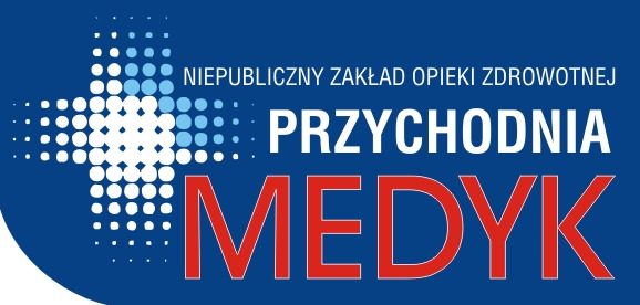 Logo Niepublicznego Zakładu Opieki Zdrowotnej Przychodnia Medyk, z niebieskim tłem, białym krzyżem utworzonym z kropek i czerwonym napisem MEDYK.