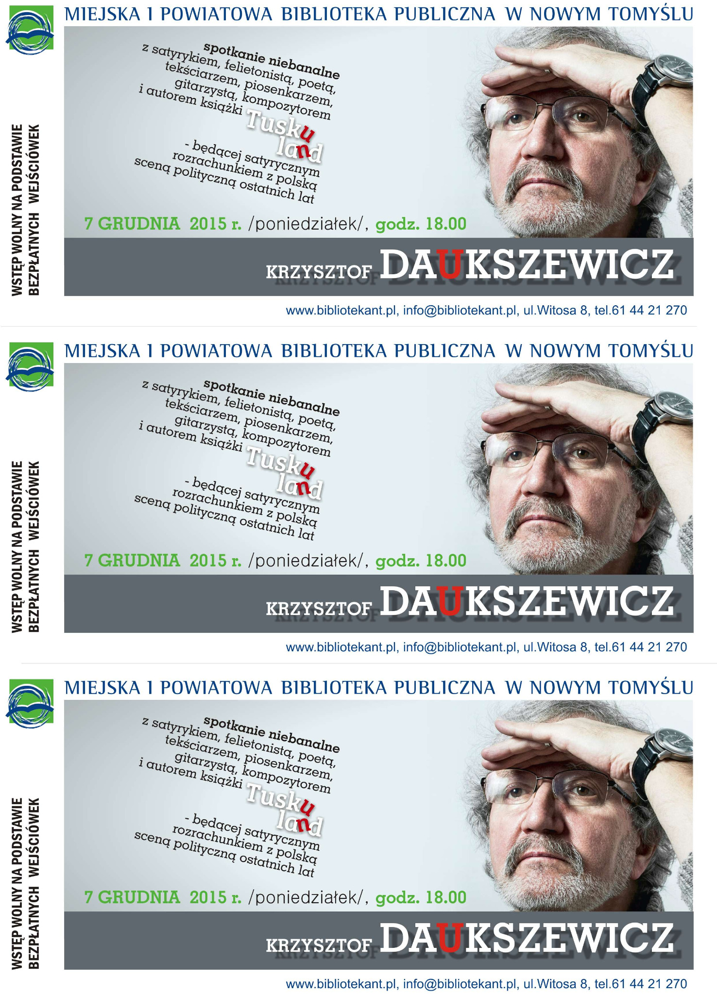 Plakat reklamujący spotkanie autorskie z Krzysztofem Daukszewiczem w bibliotece, 7 grudnia 2015, Nowy Tomyśl.