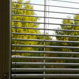 Zamknięte białe żaluzje aluminiowe na oknie z widokiem na zieleń drzew w ogrodzie w słoneczny dzień.