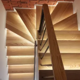 Kaskadowe stopnie z jasnego drewna z podświetleniem LED, widok z góry, z balustradą z ciemnego metalu i drewnianą poręczą, ściana z cegły na górze.