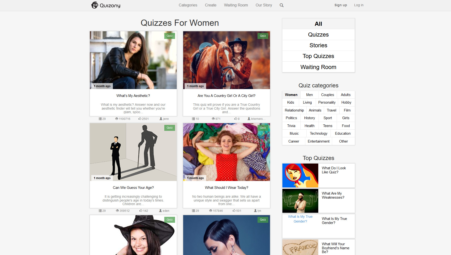 Zrzut ekranu strony internetowej Quizony z sekcją 'Quizzes For Women', prezentującą miniatury różnych quizów, w tym 'What's My Aesthetic?', 'Are You A Country Girl Or A City Girl?', 'Can We Guess...