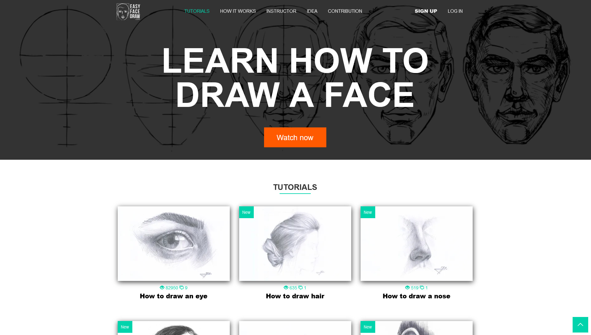 Ilustracja strony internetowej z tutorialami rysowania twarzy, prezentująca etapy i przykładowe szkice oczu, nosa i włosów.