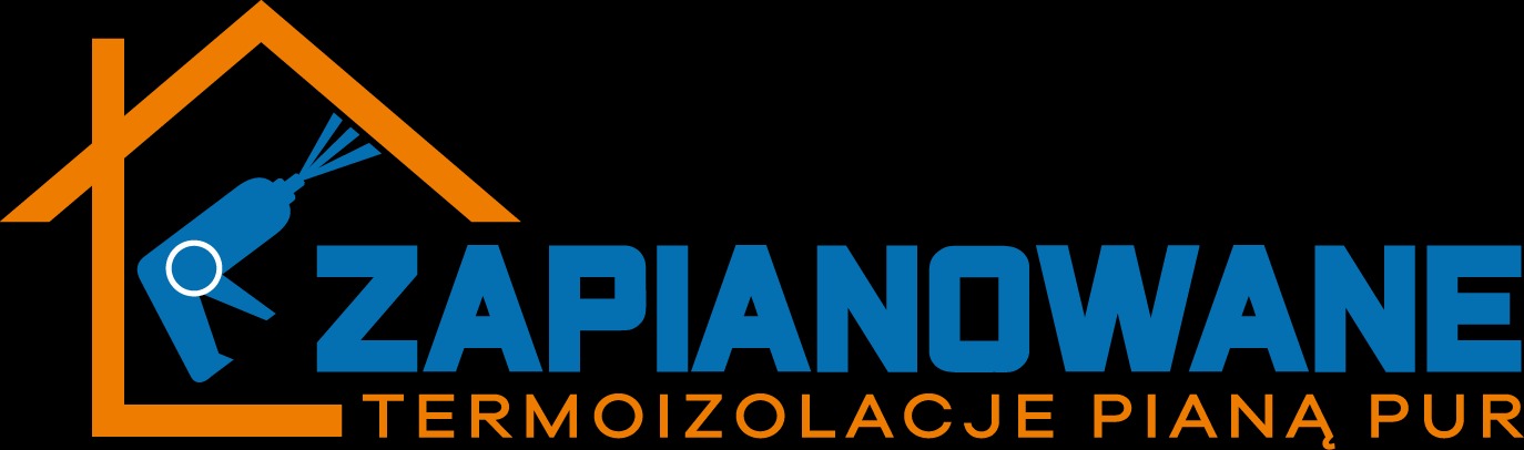 Graficzne logo firmy świadczącej usługi termoizolacji, przedstawiające schematyczny dom z aplikatorem pianki.