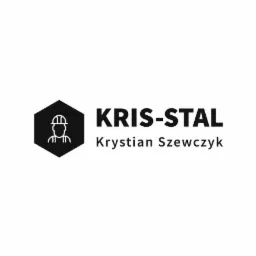 Logo firmy budowlanej Kris-Stal, przedstawiające schematyczną postać w kasku w heksagonie obok nazwy firmy i imienia właściciela.