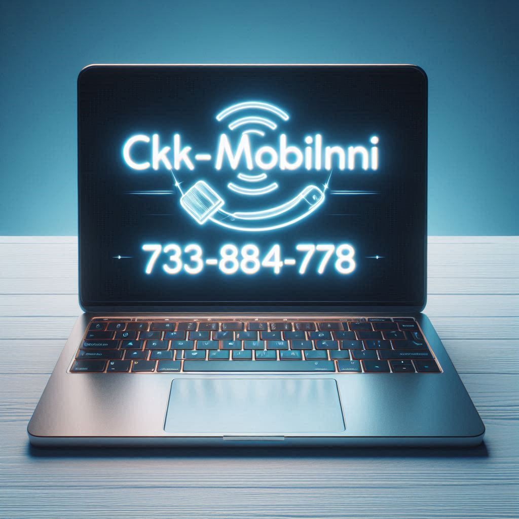 Laptop z wyświetlonym neonowym logo Ckk-Mobilnni i numerem telefonu na tle gradientu niebieskiego.