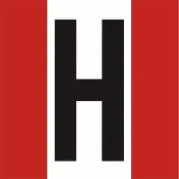 Grafika przedstawiająca dużą, czarną literę 'H' na białym tle, obramowaną z lewej i prawej strony pionowymi, czerwonymi pasami.