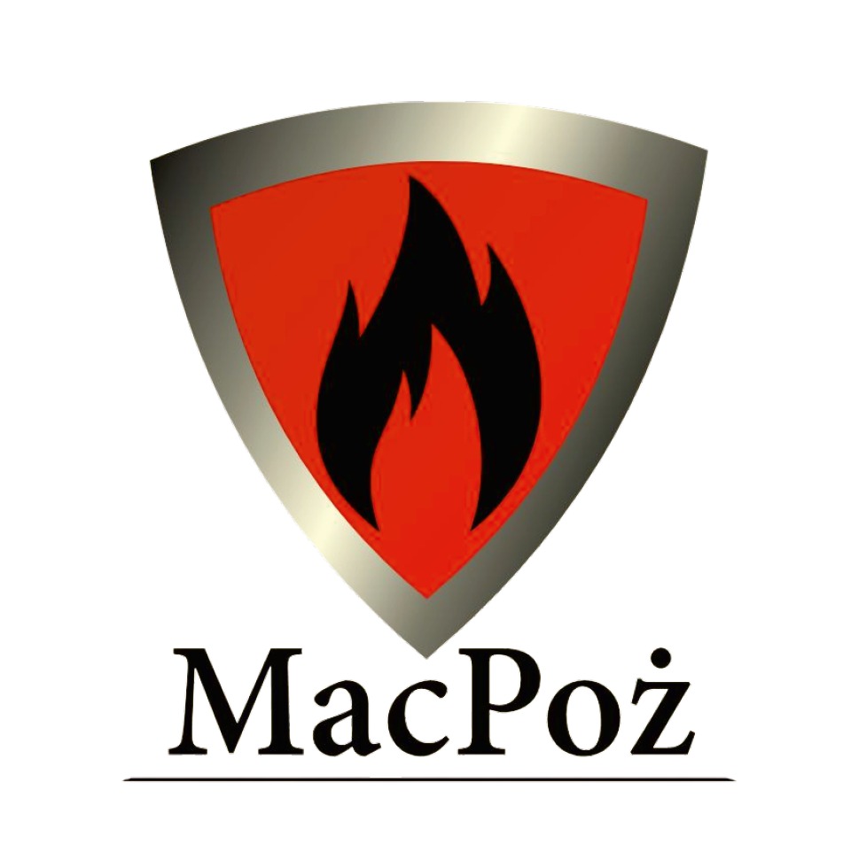 Logo firmy MacPoż: czerwona tarcza z czarnym płomieniem na białym tle.