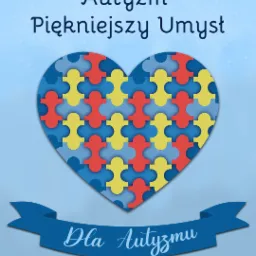 Grafika na Instagrama przedstawia serce ułożone z puzzli w kolorach czerwonym, żółtym i niebieskim na tle błękitnym z napisem 'Autyzm Piękniejszy Umysł' oraz wstęgą z napisem 'Dla Autyzmu'.