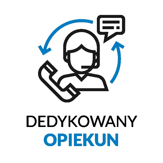 Grafika przedstawiająca dedykowanego opiekuna klienta: ikona osoby z zestawem słuchawkowym, telefonem i dymkiem dialogowym, otoczona niebieskimi strzałkami symbolizującymi komunikację.
