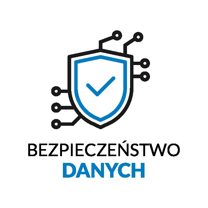 Grafika wektorowa przedstawiająca stylizowaną tarczę z symbolem potwierdzenia (ptaszkiem) wewnątrz, otoczoną elementami przypominającymi obwody elektroniczne, oraz tekst 'BEZPIECZEŃSTWO DANYCH'...