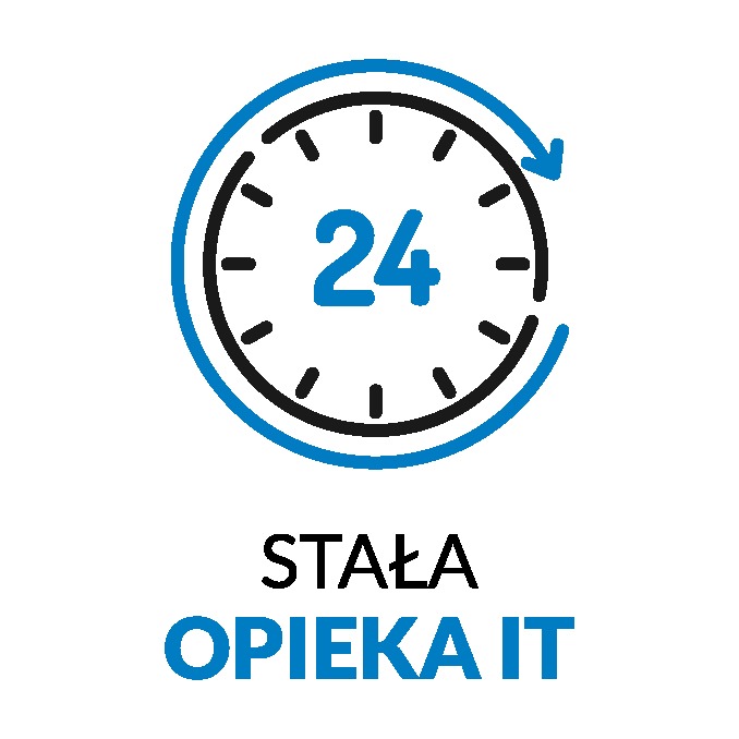 Logo firmy oferującej stałą opiekę IT, z motywem zegara wskazującego dostępność 24 godziny na dobę.