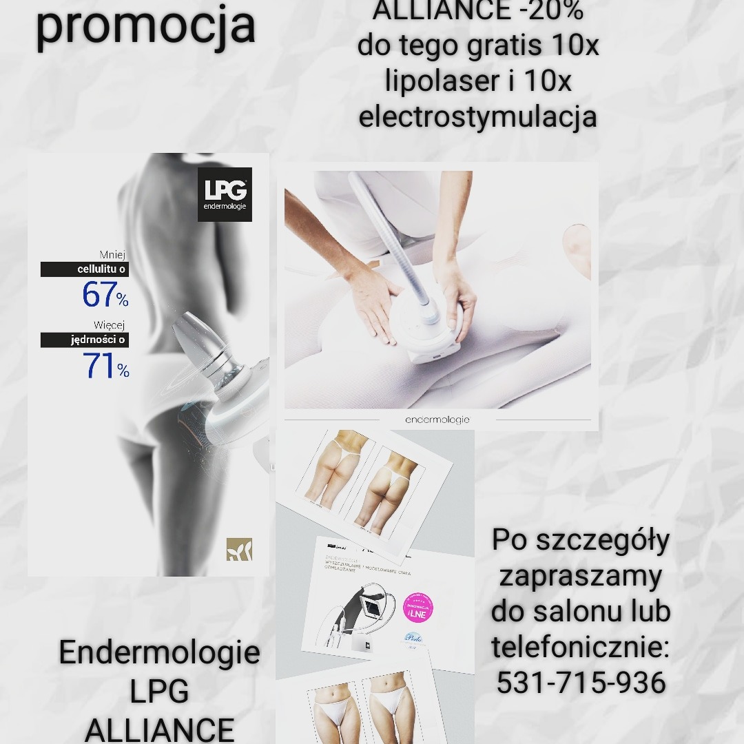 Grafika reklamowa prezentująca zabieg endermologii LPG Alliance, z informacją o promocji -20% oraz darmowych zabiegach lipolaser i elektrostymulacji, z widoczną maszyną w trakcie pracy...