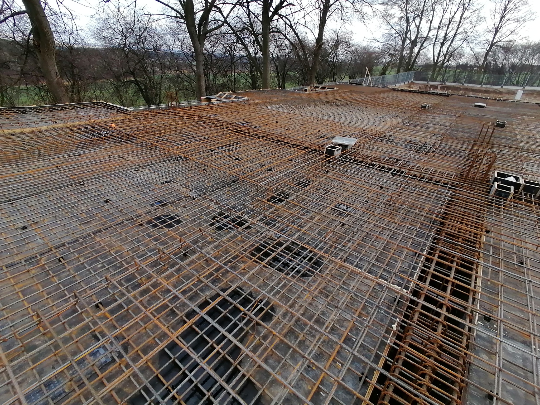 Zbrojenie stropu z widocznymi elementami dystansowymi i wystającymi prętami pionowymi, na tle drzew bez liści.