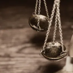 Sepiowane zdjęcie przedstawia wagę sprawiedliwości z łańcuchami i miseczkami, fragment figury Temidy widoczny po prawej stronie, tło drewniane.