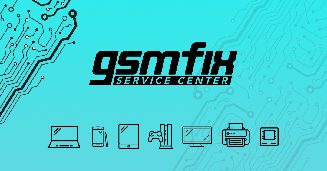 Logo serwisu GSMFIX na turkusowym tle z obwodem elektronicznym, poniżej ikony: laptop, smartfon, tablet, konsola, monitor, drukarka, procesor.