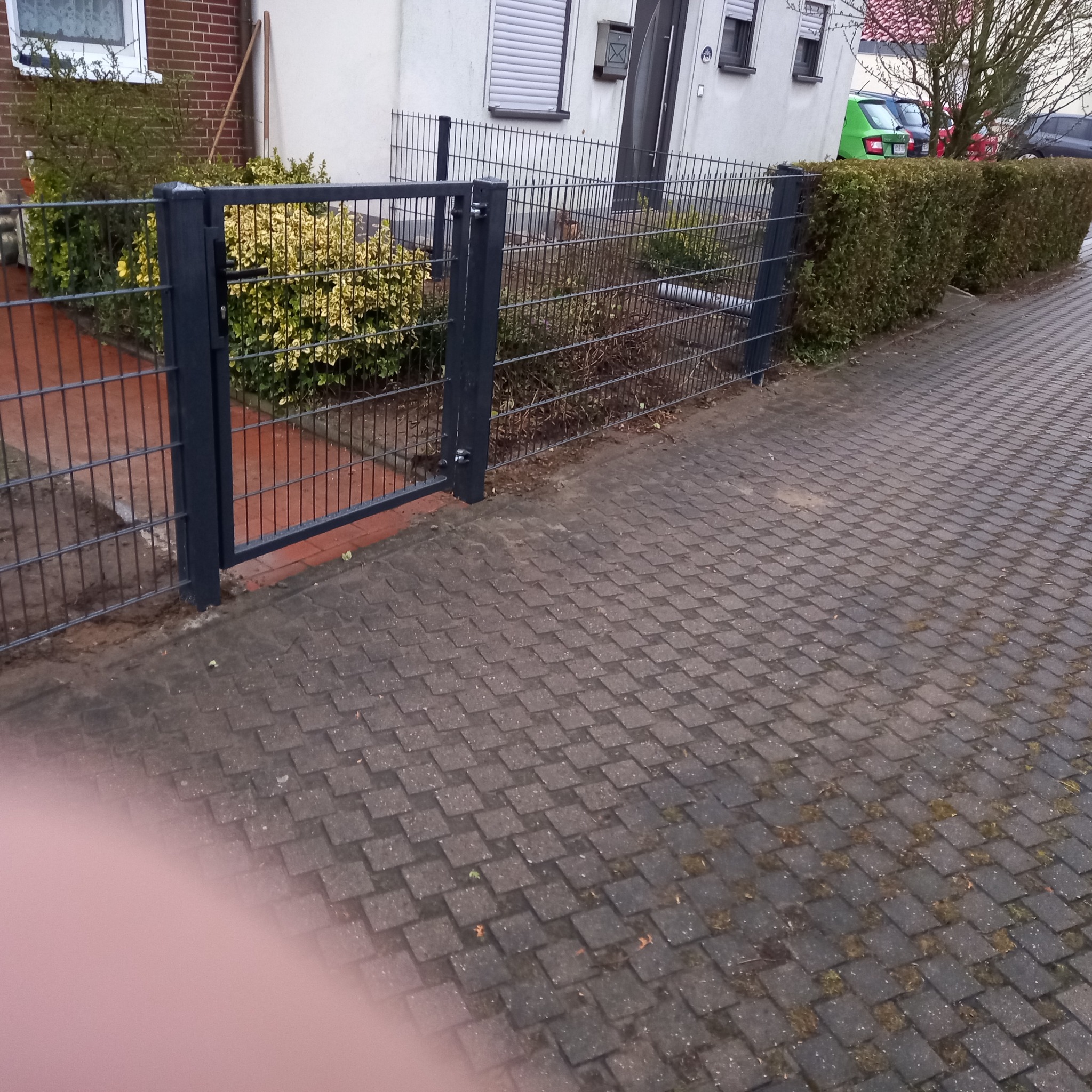 Metalowa furtka z drutu, element ogrodzenia posesji, widok na budynek mieszkalny i zaparkowane samochody w tle.