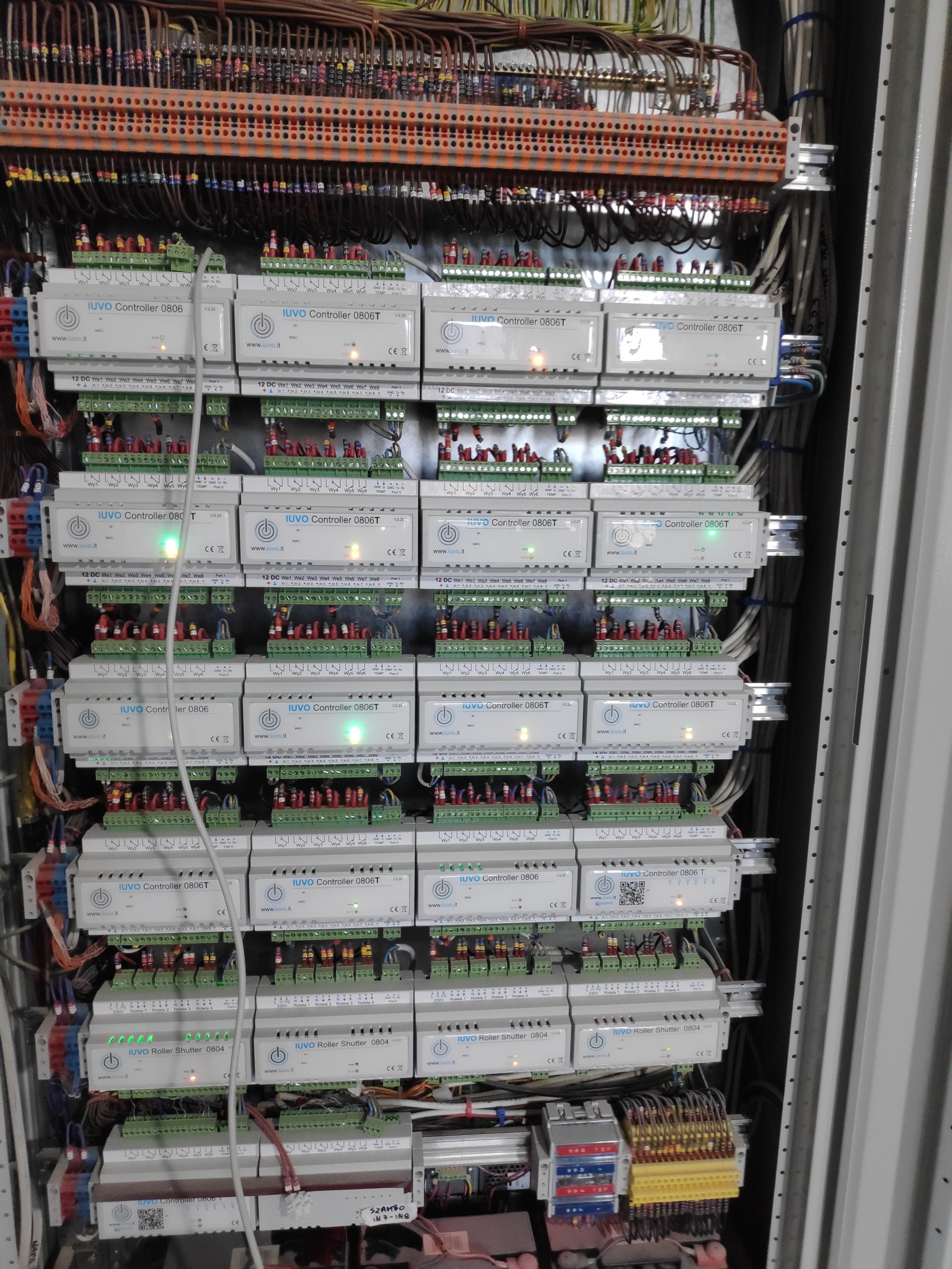 Rozdzielnia elektryczna inteligentnego domu z modułami sterującymi Iuvo Controller 0806T i Iuvo Roller Shutter 0804, okablowaniem i listwami zaciskowymi, widok z bliska.