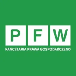 Logo kancelarii prawnej PFW z napisem 'Kancelaria Prawa Gospodarczego' na zielonym tle.