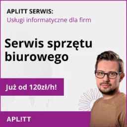 Baner reklamowy firmy APLITT SERWIS oferującej usługi informatyczne i serwis sprzętu biurowego. Na zdjęciu uśmiechnięty mężczyzna w okularach.