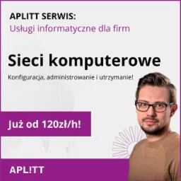 Grafika reklamowa usług sieci komputerowych w Gdańsku, z informacją o konfiguracji, administracji i utrzymaniu, oraz cenie od 120 zł/h, obok portret mężczyzny w okularach.