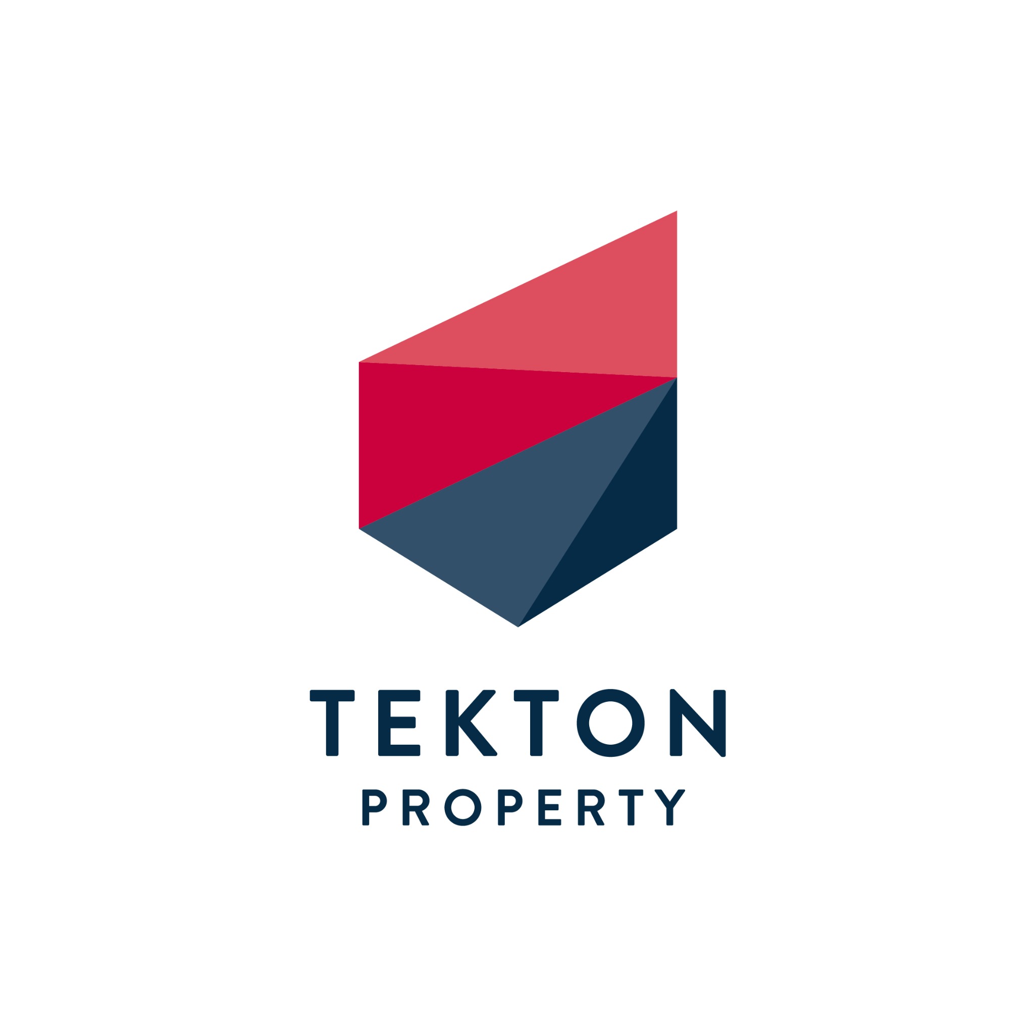 Logo firmy TECTON PROPERTY przedstawiające geometryczny kształt przypominający dom z czerwono-granatowych trójkątów.